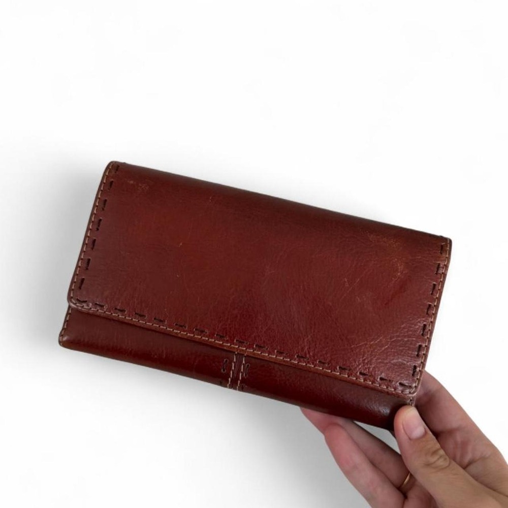 Fossil Brown Leather Trifold Clutch Wallet Whipstitch Trim Card Holder Organizer